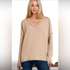 Zenana Raised Rib V Neck LS Tee L/XL